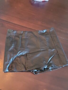 Vegan Leather Black Mini Skort Skirt with Panel Detailing